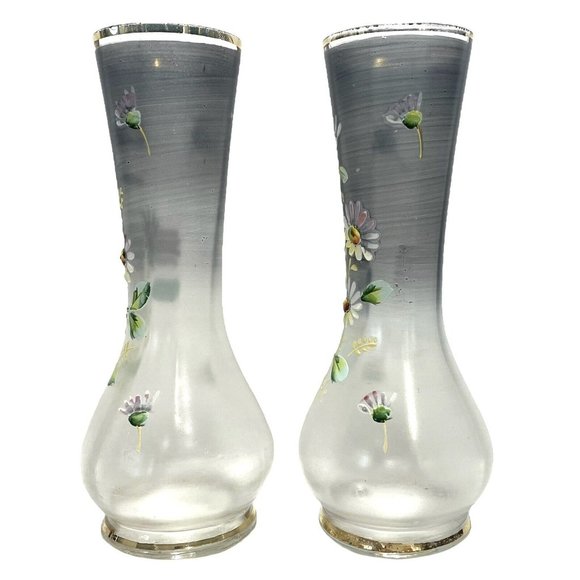 Antique 1890s Pair of Bohemian Art Glass Enameled Tulips Flowers Smokey Grey - Picture 2 of 12